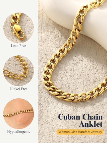 U7 Women Girls Barefoot Jewelry 18K Gold or Rose Gold Stainless Steel Heart/Rope/Figaro/Cuban Chain Anklet Foot Bracelet, 25-30 CM Long - color: Gold Plated-5mm-Curb Chain