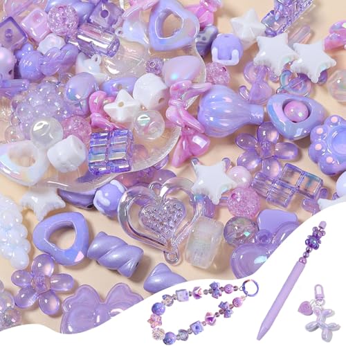 45-60PCS Large Acrylic Purple Shiny Assorted Beads for Bracelet Making UV Plating Focal Beads for Pens Round Flower Bow Bear Heart Star Kawaii Bead Bulk for DIY Jewelry Necklace Keychain Phone Charm - color: Purple