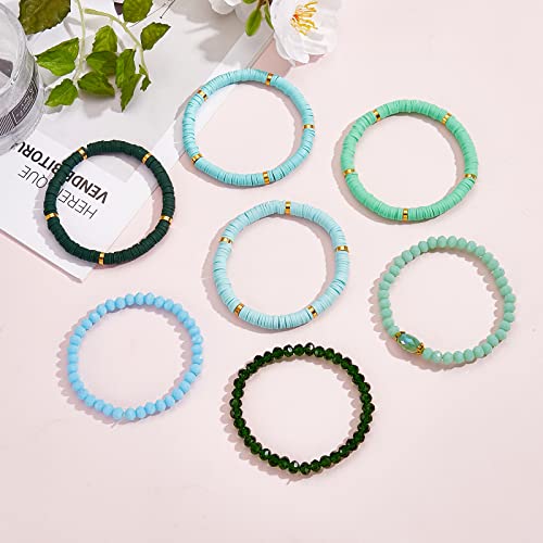 Ornaland 7Pcs Handmade Polymer Clay Heishi Surfer Stretch Bracelets Set Colorful Glass Beads Bracelets Boho Stackable Preppy Bracelets Wrist Jewelry for Women - color: Sky Blue