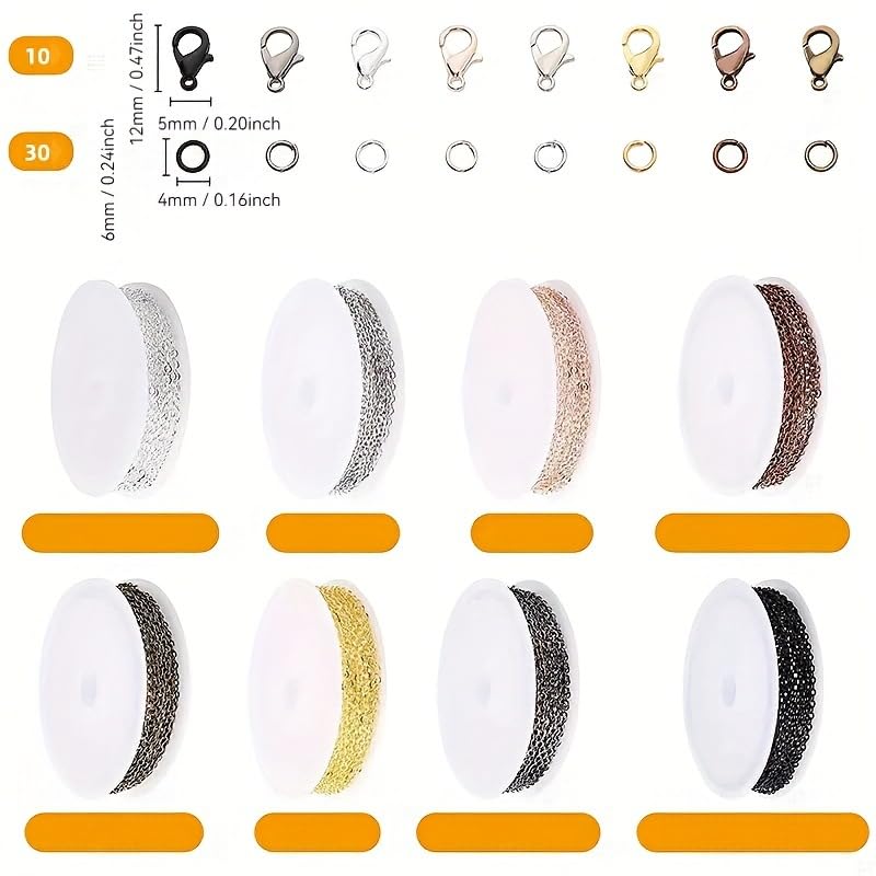 8 Roll Necklace Chains, 8 Colors Jewelry Making Metal Chains with Open Jump Rings & Lobster Clasps for Jewelry Making DIY Necklace Bracelet Anklet - color: 8 Roll