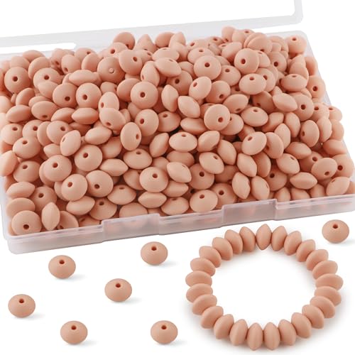 Sunrony 200Pcs Silicone Lentil Beads for Keychain Making, Bulk 12mm Silicone Abacus Spacer Beads for Necklace Bracelet Making Pens(Peach) - color: H-Peach