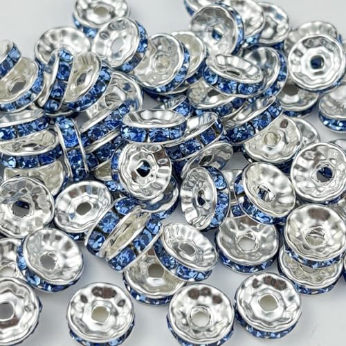 100pcs 8mm Rondelle Spacer Beads Silver Plated Crystal Rhinestone Spacer Loose Beads for Jewelry Making DIY Bracelets Necklace Earring Craft(Light Blue) - color: Light Blue, size: 8mm