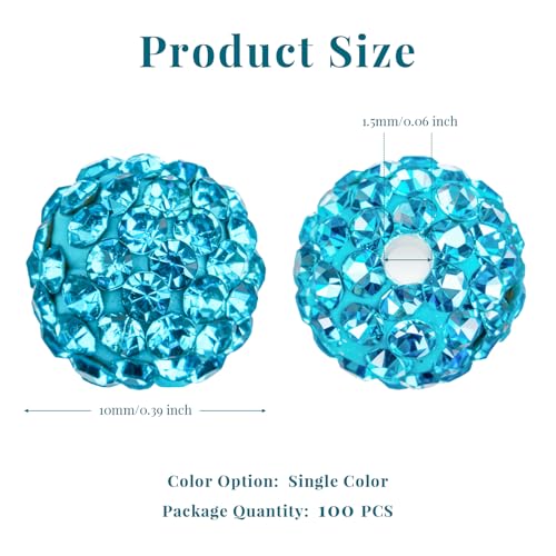 100Pcs 10mm Aquamarine Rhinestone Beads for Jewelry Making, Shiny Round Disco Ball Sparkly Beads Bulk with 10-Grid Storage Box for DIY Baseball Necklaces Shamballa Bracelets - color: Lake Blue