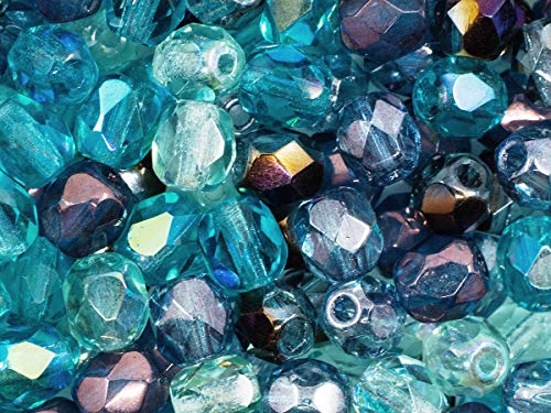 600 Pieces Czech Fire-Polished Faceted Glass Beads Round 4mm, Transparent Blue-Vega Mix - color: Transparent Blue-Vega Mix