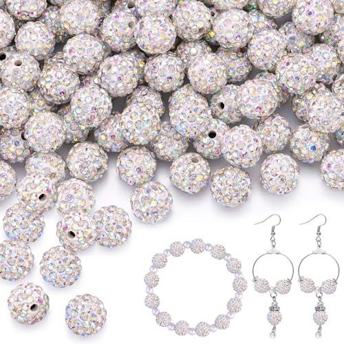 150 pcs 10mm Rhinestone Beads for Jewelry Making, Crystal AB Shiny Round Shamballa Disco Beads Bulk, Sparkle Crystal Clay Christmas for Bracelet Baseball Necklace Earring Crafting and DIY - color: Crystal AB, size: 10mm/150pcs