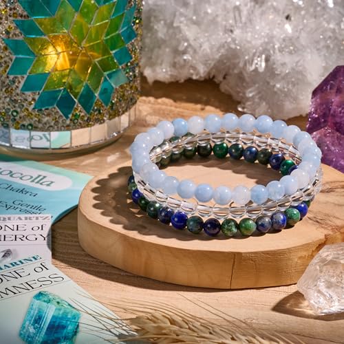 Bivei 3-Piece 4mm Beaded Bracelets for Women Handmade Natural Crystal Stretch Elastic Jewelry Yoga Meditation Protection Gifts - color: Chrysocolla + Clear Quartz + Aquamarine, size: 4mm
