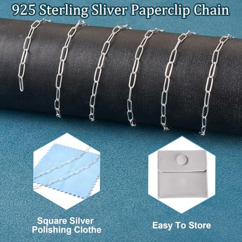 3.28 Feet Sterling Silver Paperclip Chain Paperclip Link Necklace Oval Cable Chain with Velvet Polishing Cloth Permanent Bracelet Kit 8.5x3mm for Women Men Necklace Jewelry Making - color: Silver