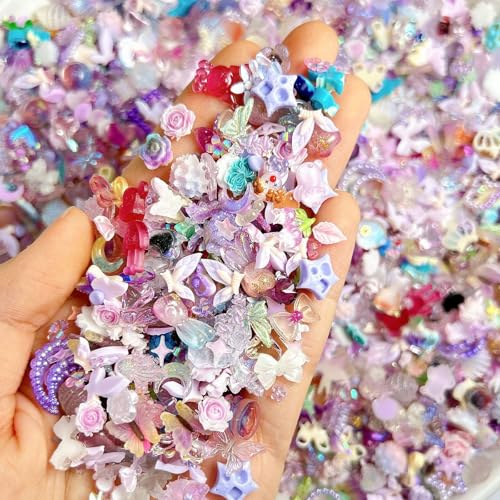 100Pcs Mixed Style Nail Charms 3D Shiny Resin Jewelry for DIY Nail Art Decor Gems Making Phone Case Decorative Accents Colorful Flat Back Fashion Accessories Clear Purple Sparkling Crystals for Design - color: Style-14