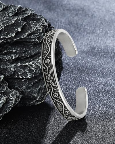 Stainless Steel Cuff Bracelet,Retro Gothic Punk Biker Cool Open Adjustable Cuff Bangle Bracelets Jewelry for Men Silver - style: Retro Flowers