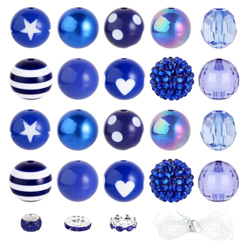 35 Pcs Chunky Bubblegum Beads 20mm Focal Pen Large Rhinestone Pearl Bead with Rhinestone Large Hole European Spacer Bead for DIY Beadable Pen Jewelry Making Keychain Craft Making(Deep Blue) - color: Deep Blue