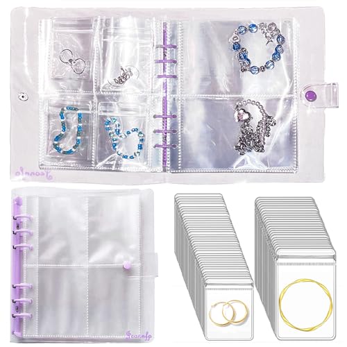 Travel Jewelry Organizer Book, High Capacity Clear Jewelry Storage Book with Portable Thick PVC Pouches,Jewelry Organizer Bags for Earrings Necklace and Rings - color: Clear Purple/30 PVC Pouches