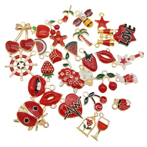 30pcs Mixed Enamel Charms Pendants for Jewelry Making Bulk lot Necklace Earrings Bracelet Craft Findings - color: Red