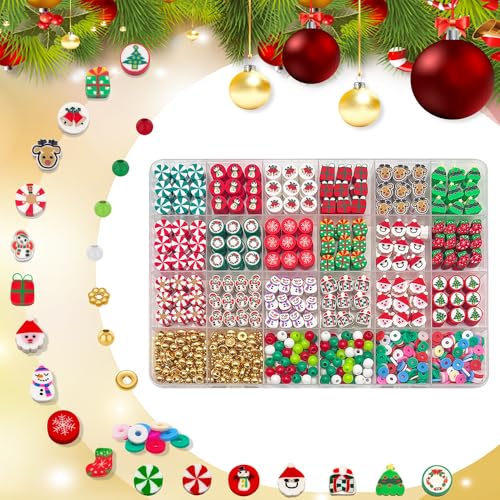 730pcs Christmas Polymer Clay Beads Bracelet Making Kit, Gold Beads Clay Bead Charms for Jewelry Making DIY Bracelet, Necklace, Earring, Christmas Charms Arts Crafts DIY Gifts - color: 1 Christmas model