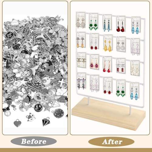 Earring Display Stand for Selling, Wood Earring Rack Display Holder Stand, 4 Tier 20 Hooks Jewelry Display for Selling with 40pcs Earring Cards, Bracelets, Rings, Necklaces - color: White