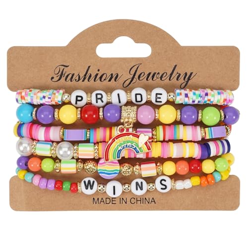 6Pcs Rainbow Clay Heishi Beads Bracelet Set for Women Men, Boho Stackable Elastic Beaded Jewelry with Pride/Wins/Love Charms, Colorful LGBTQ+ Support Accessories, Summer Beach Friendship Gifts - color: Rainbow-02