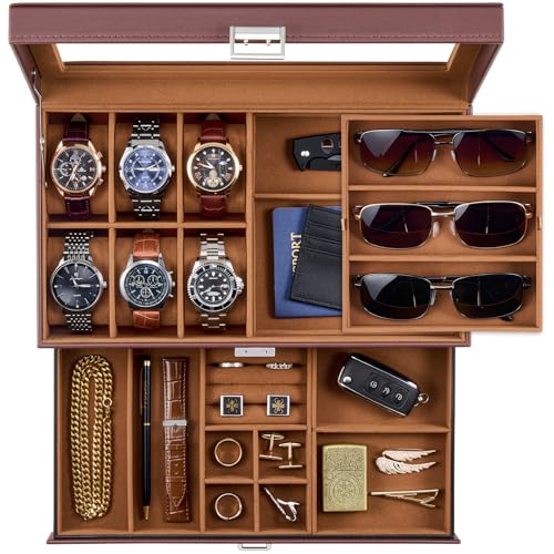 ProCase Mens Jewelry Box, Lockable 6 Slot Watch Case & 3 Slot Sunglasses Organizer, 2-layer Mens Jewelry Organizer Watch Box for Men, Watches Holder Display Storage Valentine Birthday Gifts -Brown - color: Brown