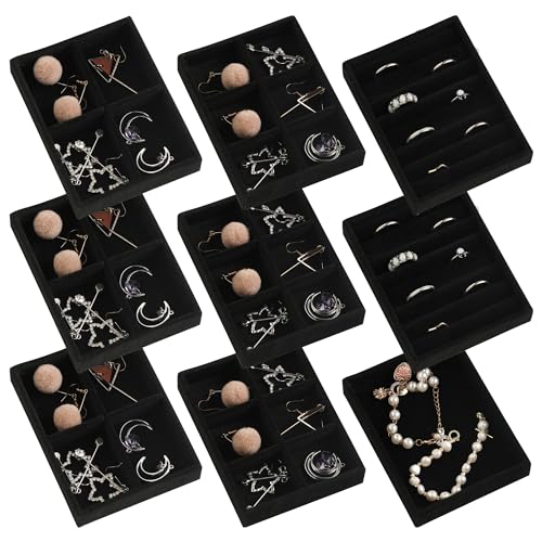 Frebeauty Small Jewelry Tray Set,Stackable Velvet Jewelry Organizer Tray,Mini Jewelry Drawer Organizer,Drawer Inserts,4.92 x 3.74 x 0.9 Inches,Earring Organizer for Women(Set 9,Black) - color: Black, size: Mixed Set 9