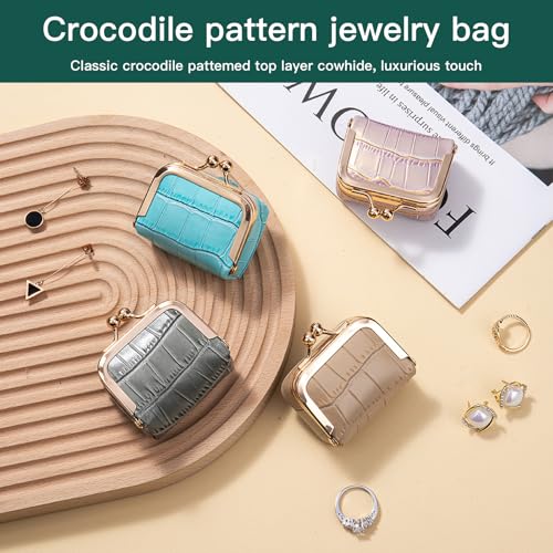 Mini Travel Jewelry Box Organizer with Crocodile Pattern, Premium Cowhide Leather, Rose Gold Kiss-Lock Clasp, Portable Storage Case, 2.56 x 1.77 x 1.38 Inches (Gray, S) - color: Gray