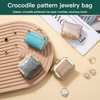 Mini Travel Jewelry Box Organizer with Crocodile Pattern, Premium Cowhide Leather, Rose Gold Kiss-Lock Clasp, Portable Storage Case, 2.56 x 1.77 x 1.38 Inches (Gray, S) - color: Gray