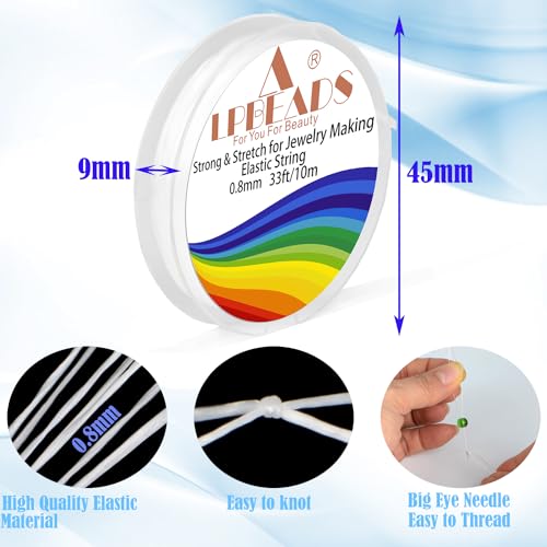 LPBeads 12 Rolls 0.8mm Elastic Stretchy String Cord for Bracelet Jewelry Making with Beading Needles and Ruler - style: White
