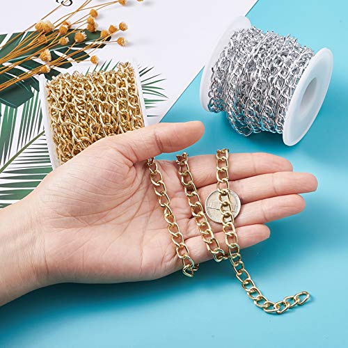 32.8 Feet Aluminum Curb Chains Gold Silver Twisted Links Cross Cable Chains with Spool Craftdady for Bracelet Necklace Earring Jewelry Making-2 Rolls, 10x6.5mm - color: Gold, Silver, 10x6.5mm