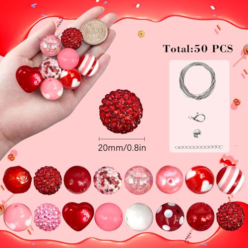 50Pcs Chunky Bubblegum Beads, 20mm Chunky Bubble Gum Beads for DIY Beadable Pens Bracelets Necklaces Pearl Beaded Mother's Day Craft Jewelry Making (Love) - color: Love