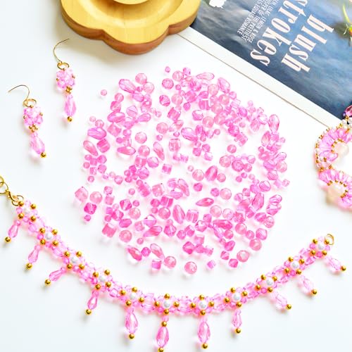 1500 Pcs Crystal Glass Beads for Jewelry Making – 12 Styles Bicone, Rondelle, Cube, Teardrop & 3mm Spacer Beads, DIY Bracelet Necklace Earring Craft Kit with Organizer Box(Light Rose Red) - color: Light Rose Red