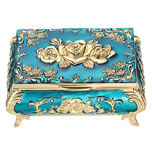Hipiwe Vintage Metal Jewelry Box Small Treasure Chest Case Trinket Organizer Earrings Necklace Bracelet Storage Box Ring Box Holder Keepsake Box for Women - color: Blue, size: Small
