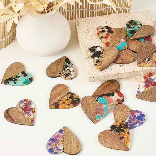 FASHEWELRY 16pc Heart Resin Wood Earrings & Charms - Gold Foil Wooden Earring Blanks & Findings for Jewelry Making - color: Heart with Gold Foil