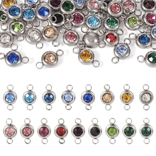 Cheriswelry 34Pcs Stainless Steel Link Charms Flat Round Rhinestone Crystal Connector Pendants 17 Colors for Earring Bracelet Jewelry Making DIY Crafts - color: Mixed Color*2