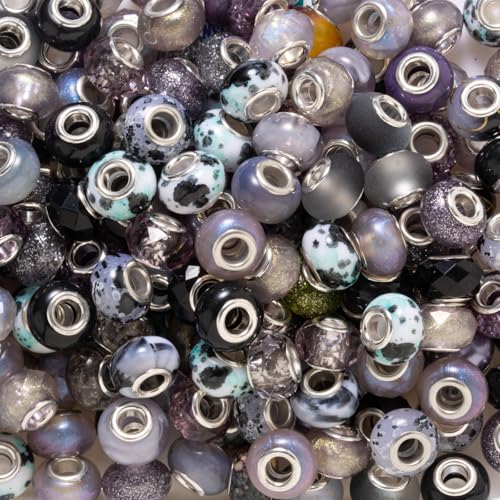 ZHIYUXI Black European Large Hole Beads Bulk for Jewelry Making 100PCS Spacer Glass Beads for Charms Bracelet Making Necklace Pens DIY Craft - color: E-Black Mix