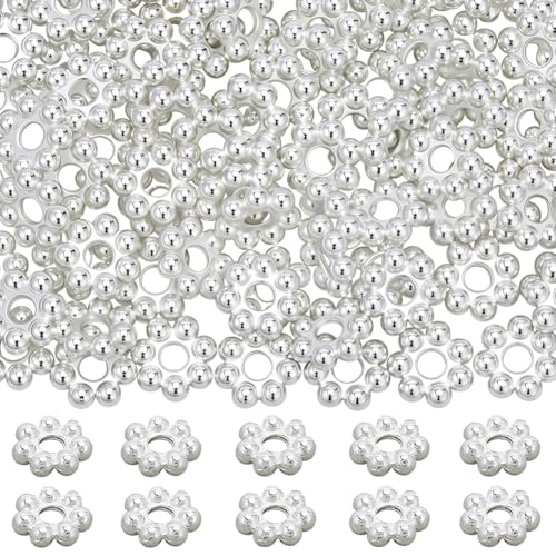 Beebeecraft 80Pcs 5mm Flower Spacer Beads Small Sterling Silver Plated Stainless Steel Round Floral Granulated Spacer Beads with Storage Box for Jewellery Making Bracelet Necklace DIY Craft - color: Silver, size: 5mm