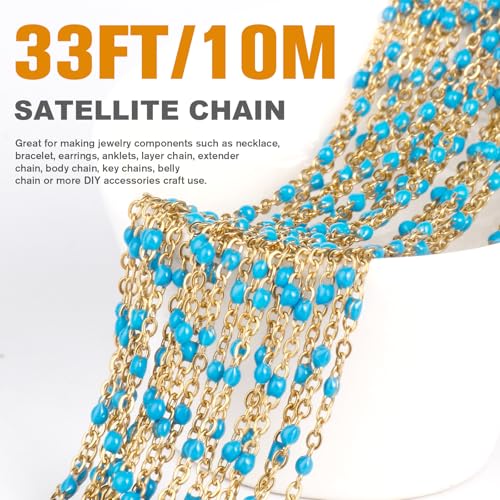 33 Feet Gold Enamel Chains Bulk, 2mm 18K Gold PVD Plated 304 Stainless Steel Light Blue Enamel Beaded Cable Link Chain Roll Spool for Jewelry Making - color: Gold Light Blue Beads