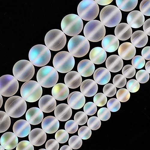 Matte White Aurora Crystal Glass Beads, 6MM Frosted Glitter Shining Mermaid Round Loose Beads, Rainbow Holographic Synthetic Moonstone for Jewelry Making DIY Bracelet - color: White, size: 6MM