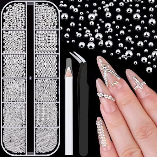 1-3MM Mini Small Nail Beads Metal Caviar Beads Silver Nail Charms and Gems Ball, Nail Balls for Nail Art Accessories Supplies Gold Rhinestones for Women Manicure - color: 14 Small Silver Nail Beads