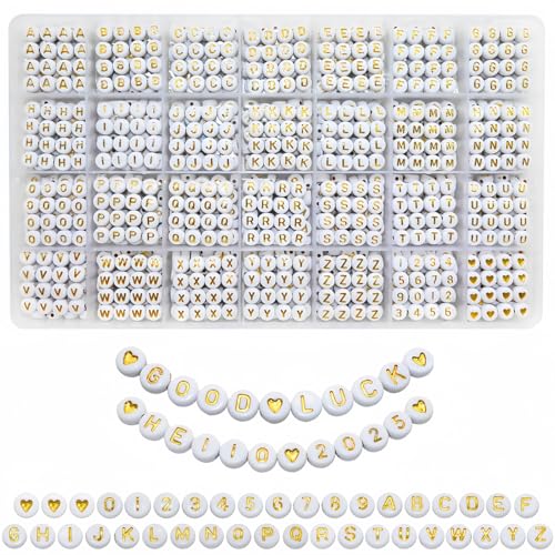 Looconi 1400pcs Letter Beads Gold Alphabet A-Z and Number Heart Beads 7x4mm White Acrylic for Jewelry Making Bracelet - color: Gold-Star