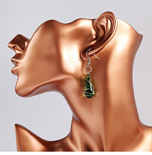 Glass Water Drop Shape Glaze Spiral Dangle Earrings Lampwork Handmade Glass Bead Geometric Earrings for Women Jewelry - color: Green