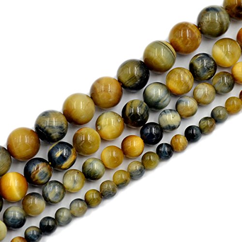 AD Beads Natural Tiger's Eye Gemstone Smooth Round Beads 7.5" Strand (6mm, Yellow Blue) - color: Yellow Blue, size: 6mm