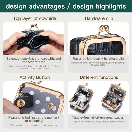 Mini Travel Jewelry Box Organizer with Crocodile Pattern, Premium Cowhide Leather, Rose Gold Kiss-Lock Clasp, Portable Storage Case, 2.56 x 1.77 x 1.38 Inches (Black, S) - color: Black