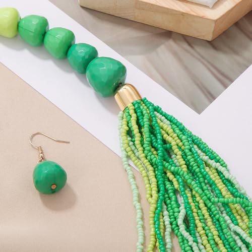 Bocar Necklace for Women, Multi Layer Statement Necklace, Long Chain Chunky Bib Seed Beads Necklace, Necklace Earring Set for Women Gift (NK-10693) - color: Mix green-set