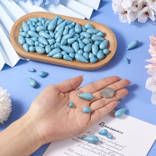 105Pcs Synthetic Turquoise Teardrop Beads Top Drilled Water Drop Stone Beads Dyed Drop Gemstone Spacer Beads for DIY Necklace Bracelet Earring Jewelry Making - color: Dark Turquoise # Teardrop