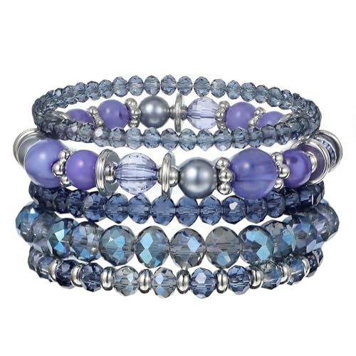 5Pcs Beaded Bracelets for Women, Bohemian Glass Faceted Crystal Beads Bracelet, Stackable Boho Disco Ball Stretch Bracelets, Multilayered Purple Jewelry Gift for Women, Mother's Day - color: Blue