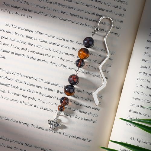Vintage Metal Bee Bookmark Pendant with Natural Crystal Bead Chain–Elegant Bookmarks for Women,Men,Book Lovers,Teachers and Students(Tiger Eye) - style: Bee