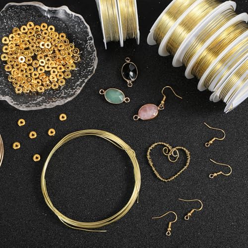 Mixweer 15 Pcs 5 Size Copper Wire 18 20 22 26 32 Gauge Tarnish Resistant Jewelry Wire for Jewelry Making 121 Yard Metal Beading Crafting (Gold) - color: Gold