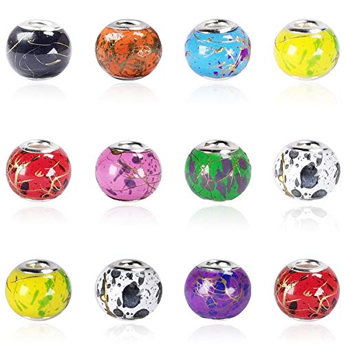 AIPRIDY 100Pcs 15x11mm Painting Murano Large Hole Glass Beads Mix Color with Silver Brass Cores European Charm fit Bracelet Necklace (Golden line) - color: Golden line