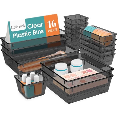 StorMiracle 16 PCS Drawer Organizer Set, 5 Varied Size Bathroom and kitchen Drawer cabinet organizer Trays, Clear Storage Bins for Makeup, Jewelry, Utensils and Gadgets, Black - color: Black, size: 16 PCS