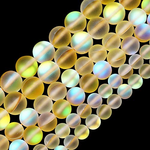 Matte Yellow Aurora Crystal Glass Beads, 8MM Frosted Glitter Shining Mermaid Round Loose Beads, Rainbow Holographic Synthetic Moonstone for Jewelry Making DIY Bracelet - color: Yellow, size: 8mm