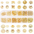 SUNNYCLUE 1 Box 240Pcs Metal Bead Caps 12 Different Flower Bead Ends Filigree Petal Brass Bead Caps Alloy Beads Spacer Accessories with Clear Box for Jewelry Making, Golden - color: 240pcs Golden