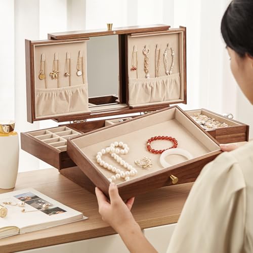 CHOSIN Black Walnut Wooden Jewelry Box for Women, 3 Level Multi-functional Drawer Organizer Box Watch Necklace Ring Earring Storage Mothers Day Gifts for Mom - style: With Mirror1