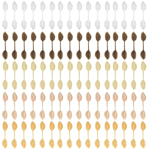 SUNNYCLUE 1 Box 100Pcs 5 Colors Glue On Leaf Bails Brass Pendant Bail Gold Silver Antique Bronze Metal Leaves Shaped Pinch Basic Cabochon Charm Tray for Jewelry Making Pendants DIY Craft Findings